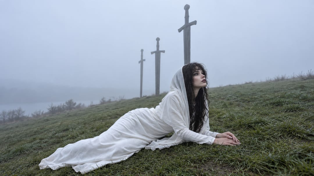 Val in a white hooded robe lying on a foggy hillside, three stone swords behind her