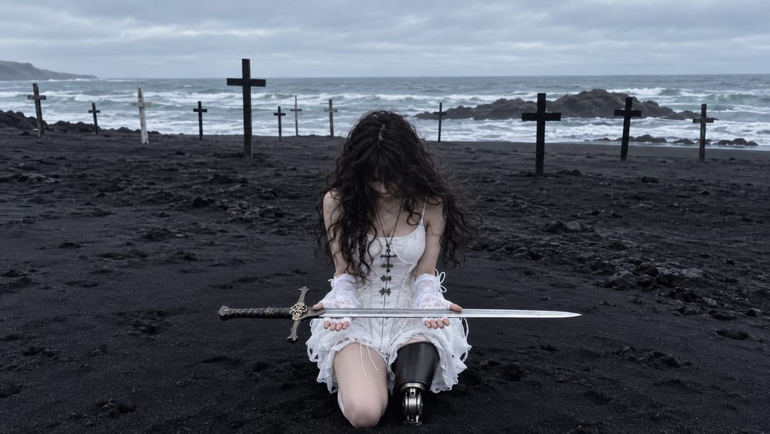 Val kneeling on black sand with a sword across her hands, wooden crosses and the sea behind