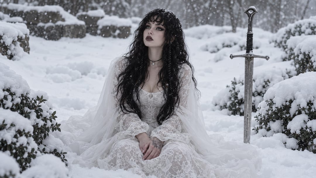 Val in white lace sitting in falling snow, a sword planted beside her